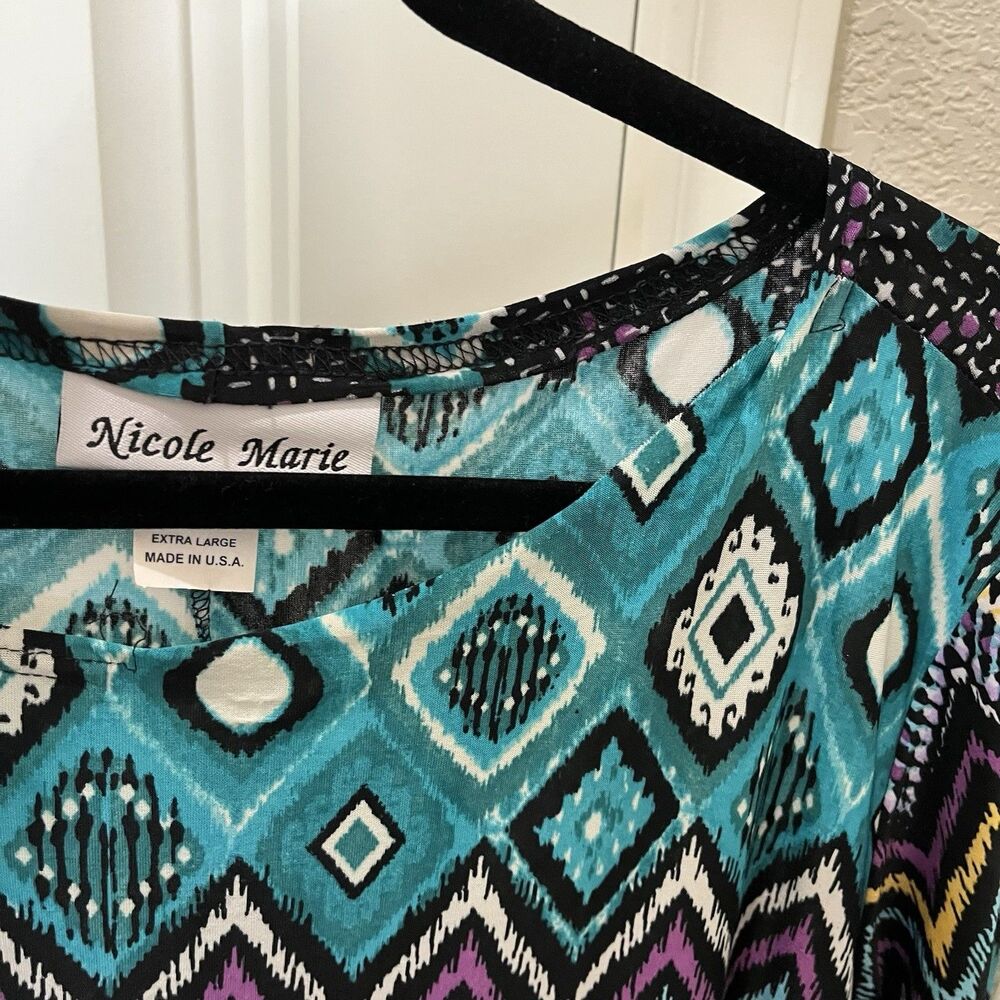 Nicole Marie Blue Teal Black Chevron Geometric Shark Bite Hem Top Womens Size XL - Picture 9 of 13